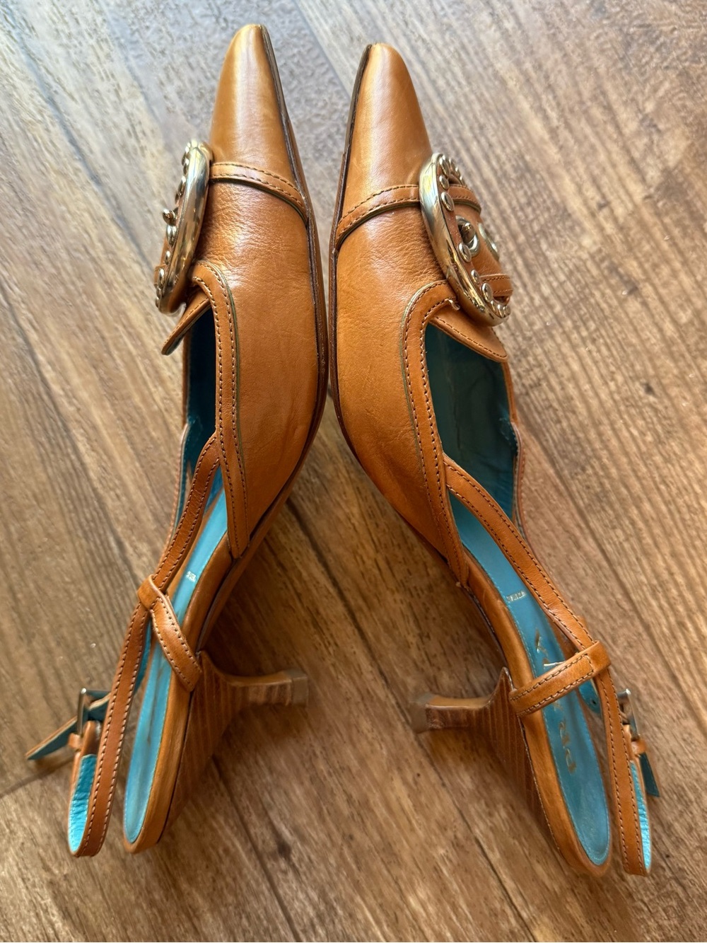 Prada Brown Leather Slingback Pumps Silver Buckle Pointed Toe Heels EU 35 US 5 - Picture 4 of 5